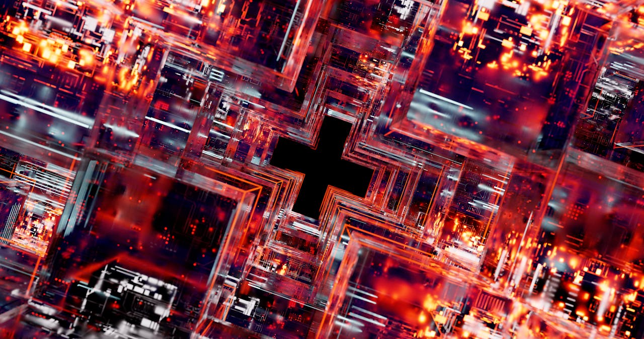 Abstract image depicting high-tech digital circuits and glowing LED lights.