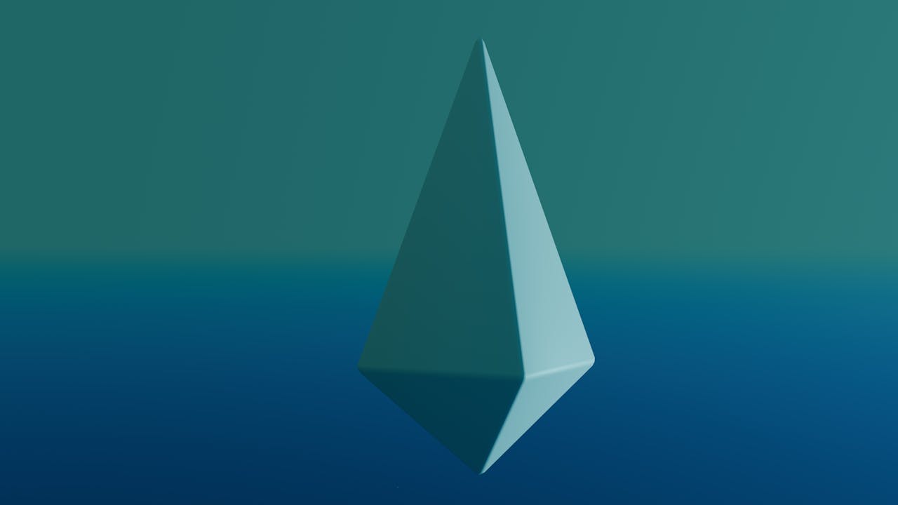 Sleek 3D render of a minimalist geometric shape set against a gradient blue background.